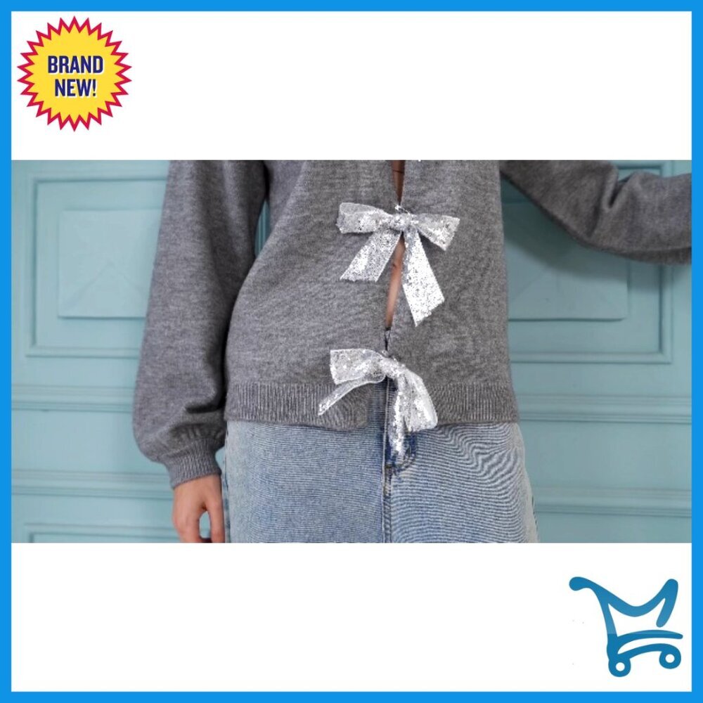 Oversized Knit Cardigan Open Front Sequin Bow V-Neck Reversible Chic Fall - Picture 7 of 7